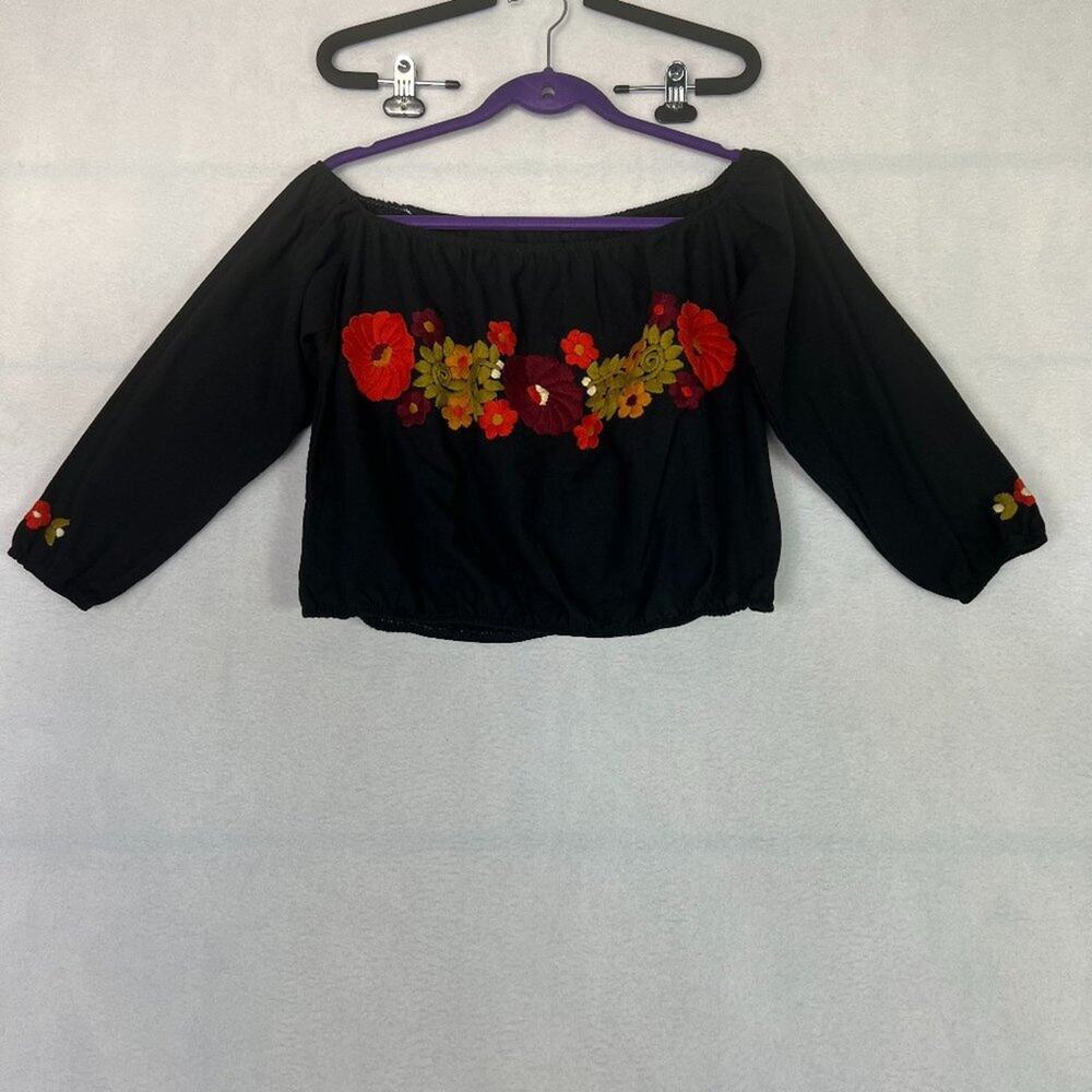 Floral Embroidered Vibrant Black Off Shoulder Crop Long Sleeve Top